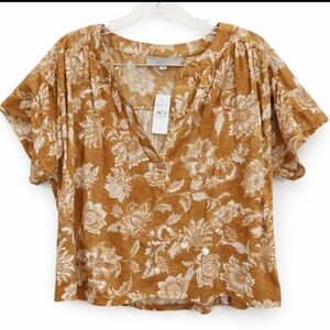 NWT LOFT Brown Floral Cropped Blouse 100% Cotton Sz Med